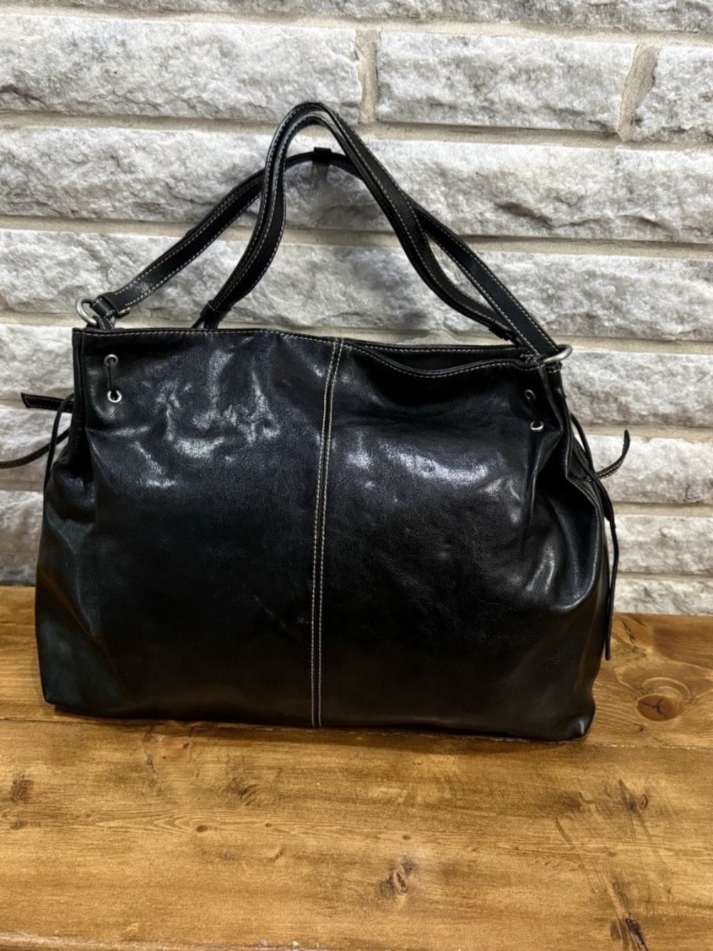 Vintage Emilie M Y2K Black o-ring slouchy Vegan/simulated leather shoulder bag